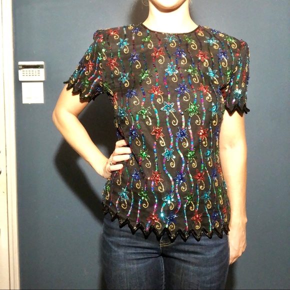 Allure Tops - Sequin Beaded Vintage Allure Silk Top